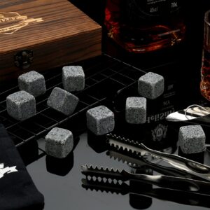 Whiskey Stones Gifts Set - 9 Granite Chilling Stones Whisky Rocks - Reusable Ice Cubes with Tongs Stopper, for Men Dad Party Birthday Anniversary Holiday Father's Day Present