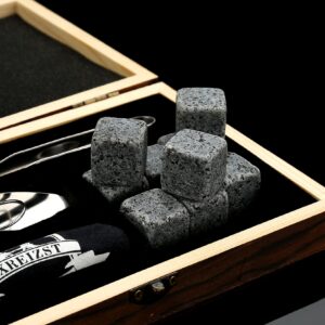 Whiskey Stones Gifts Set - 9 Granite Chilling Stones Whisky Rocks - Reusable Ice Cubes with Tongs Stopper, for Men Dad Party Birthday Anniversary Holiday Father's Day Present