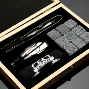 Whiskey Stones Gifts Set - 9 Granite Chilling Stones Whisky Rocks - Reusable Ice Cubes with Tongs Stopper, for Men Dad Party Birthday Anniversary Holiday Father's Day Present