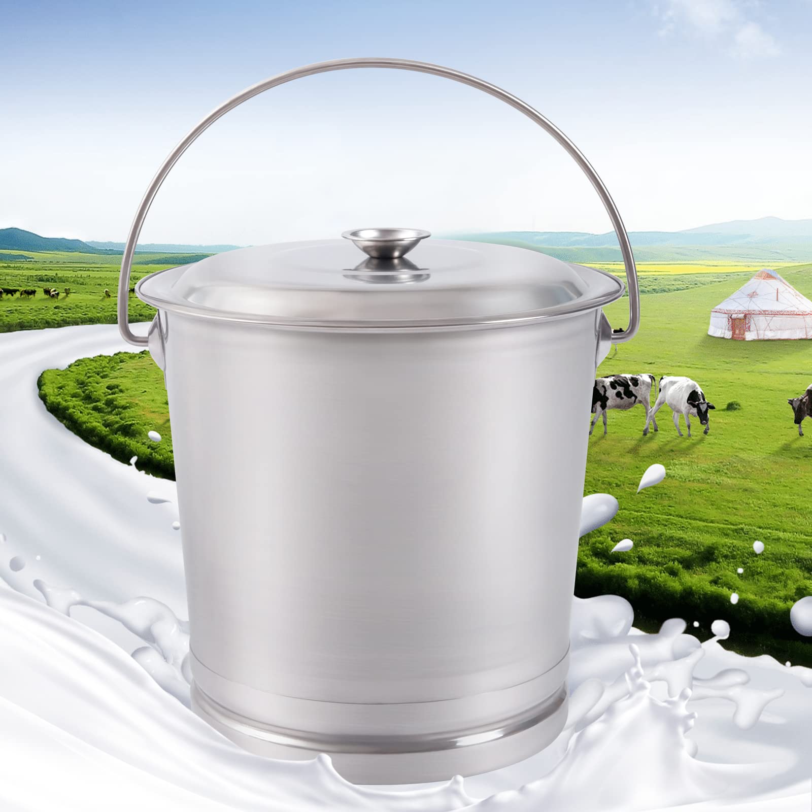 8.5Qt Milk Can Tote, Stainless Steel Milk Pail Bucket with Lid, and Open Lip Edge, Also Good for Compost