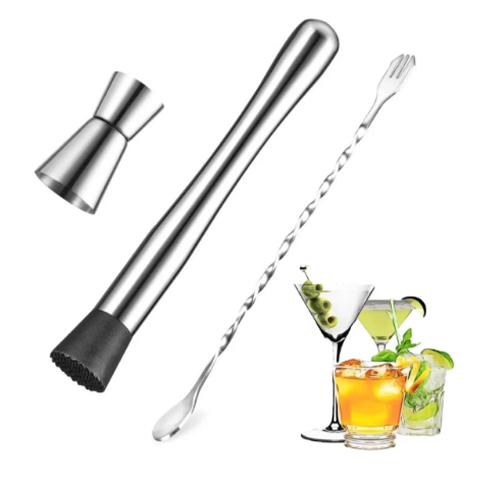 3 PCS Stainless Steel Cocktail Mixer Kit Stirring Spoon Lemon Mashing Stick 15ml 30ml Jigger Bar Tool Accessories Home Bartending Kit and Martini Cocktail Shaker Set