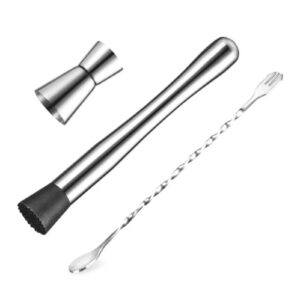 3 PCS Stainless Steel Cocktail Mixer Kit Stirring Spoon Lemon Mashing Stick 15ml 30ml Jigger Bar Tool Accessories Home Bartending Kit and Martini Cocktail Shaker Set