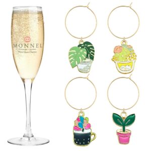monnel p533 assorted potted plants cactus wine charms glass markers tags for party decorations with velvet bag- set of 4