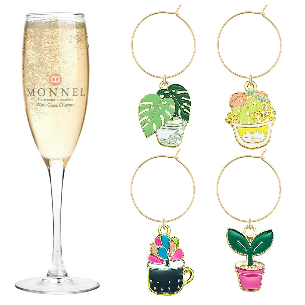 MONNEL P533 Assorted Potted Plants Cactus Wine Charms Glass Markers Tags for Party Decorations with Velvet Bag- Set of 4