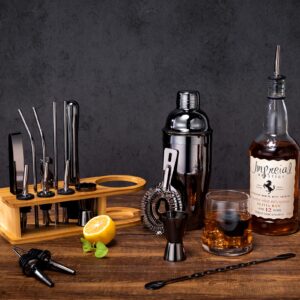 17 Pieces Cocktail Shaker Set with Bamboo Stand,Gifts for Men Dad Grandpa,Stainless Steel Bartender Kit Bar Tools Set,Home, Bars, Parties and Traveling (Bamboo Wood Black)