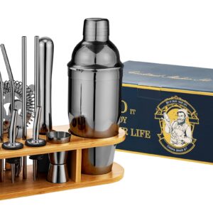 17 Pieces Cocktail Shaker Set with Bamboo Stand,Gifts for Men Dad Grandpa,Stainless Steel Bartender Kit Bar Tools Set,Home, Bars, Parties and Traveling (Bamboo Wood Black)