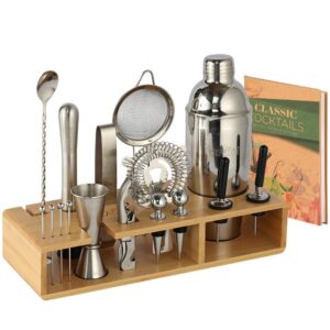 23-piece mixology bar kit cocktail shaker set - bartender kit with stylish bamboo stand - home bar tools and martini drink mixer gift set with recipe book