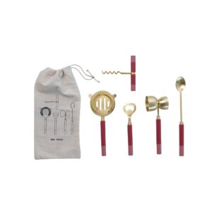 creative co-op stainless steel 2-tone resin handles in drawstring bag, gold finish bar tools, pink