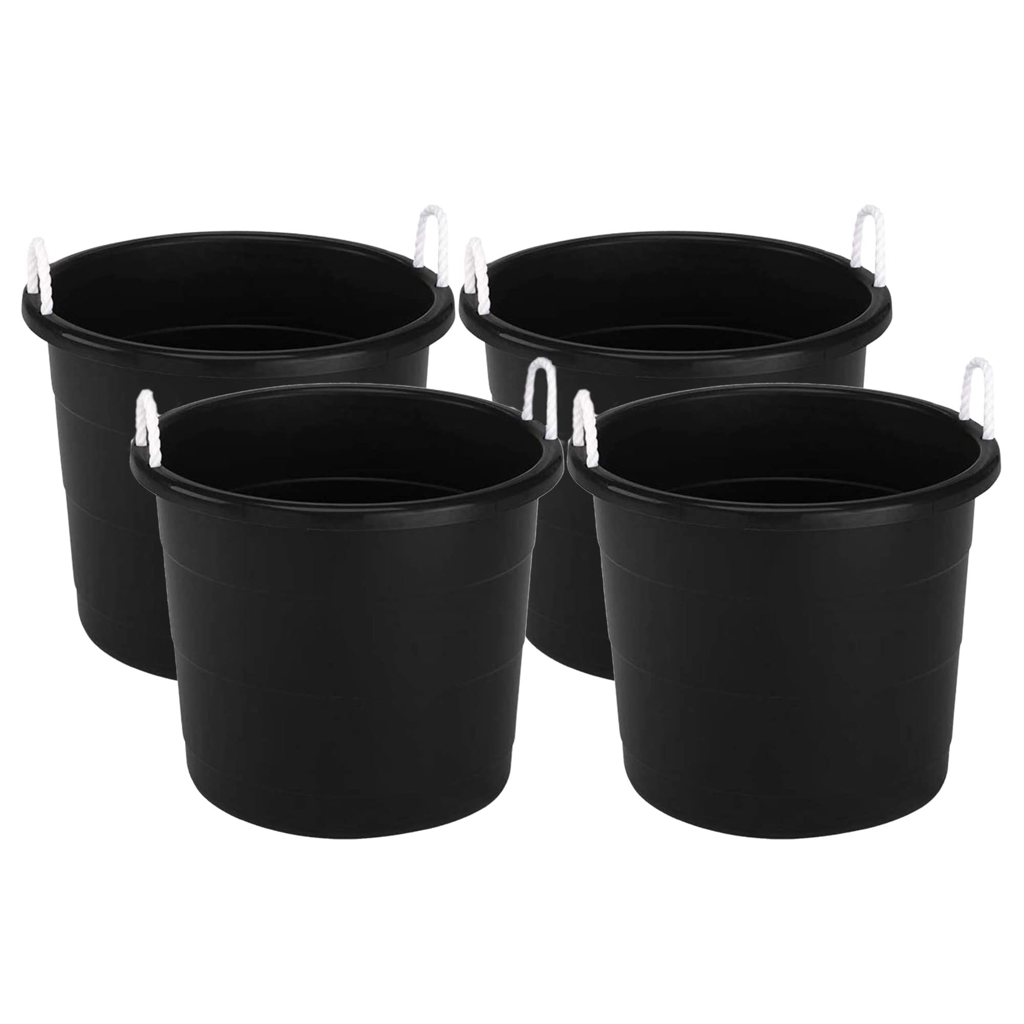 Homz 18 Gallon Durable Plastic Utility Storage Bucket Tub Organizers with Strong Rope Handles for Indoor and Outdoor Use, Black, 4 Pack