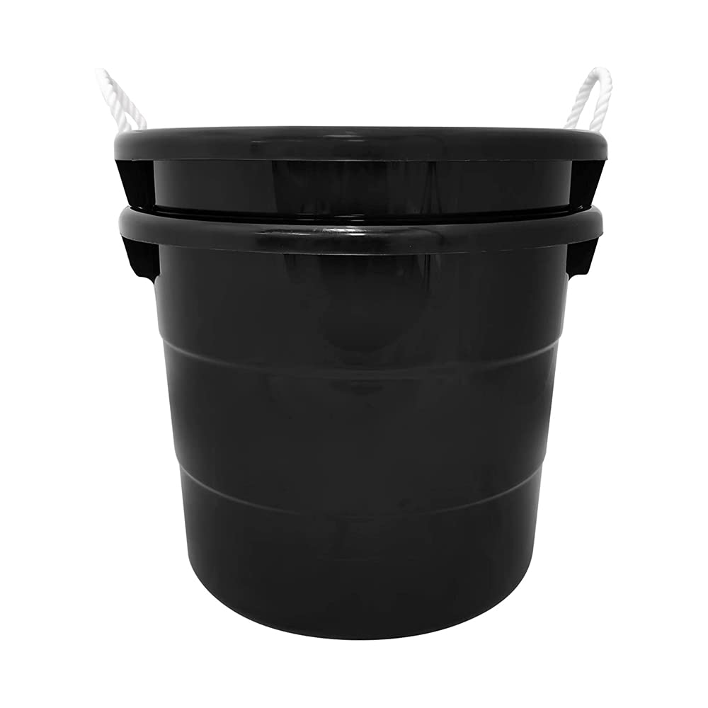 Homz 18 Gallon Durable Plastic Utility Storage Bucket Tub Organizers with Strong Rope Handles for Indoor and Outdoor Use, Black, 4 Pack