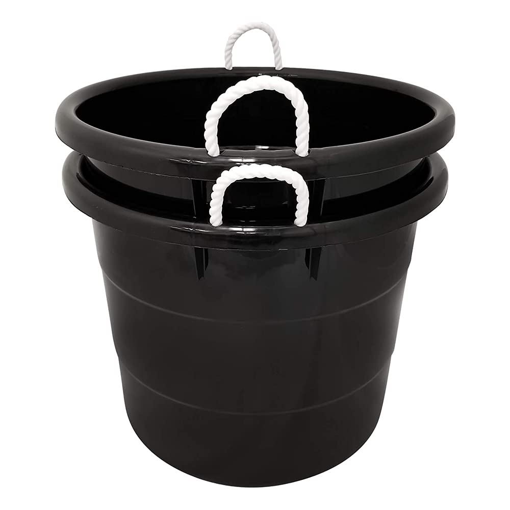 Homz 18 Gallon Durable Plastic Utility Storage Bucket Tub Organizers with Strong Rope Handles for Indoor and Outdoor Use, Black, 4 Pack