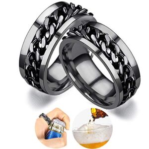 byhoo 8mm bottle opener finger ring rotatable beer bottle cap opening tool remover for women men at party, inner chain spinner of polished stainless titanium steel jewelry all black size 11 (2 pcs)