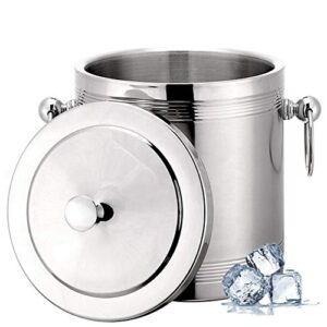 ice bucket with lid, tongs, insulated double wall design, premium quality brushed stainless steel, handles, 1.4l, small, great as a gift, great for parties