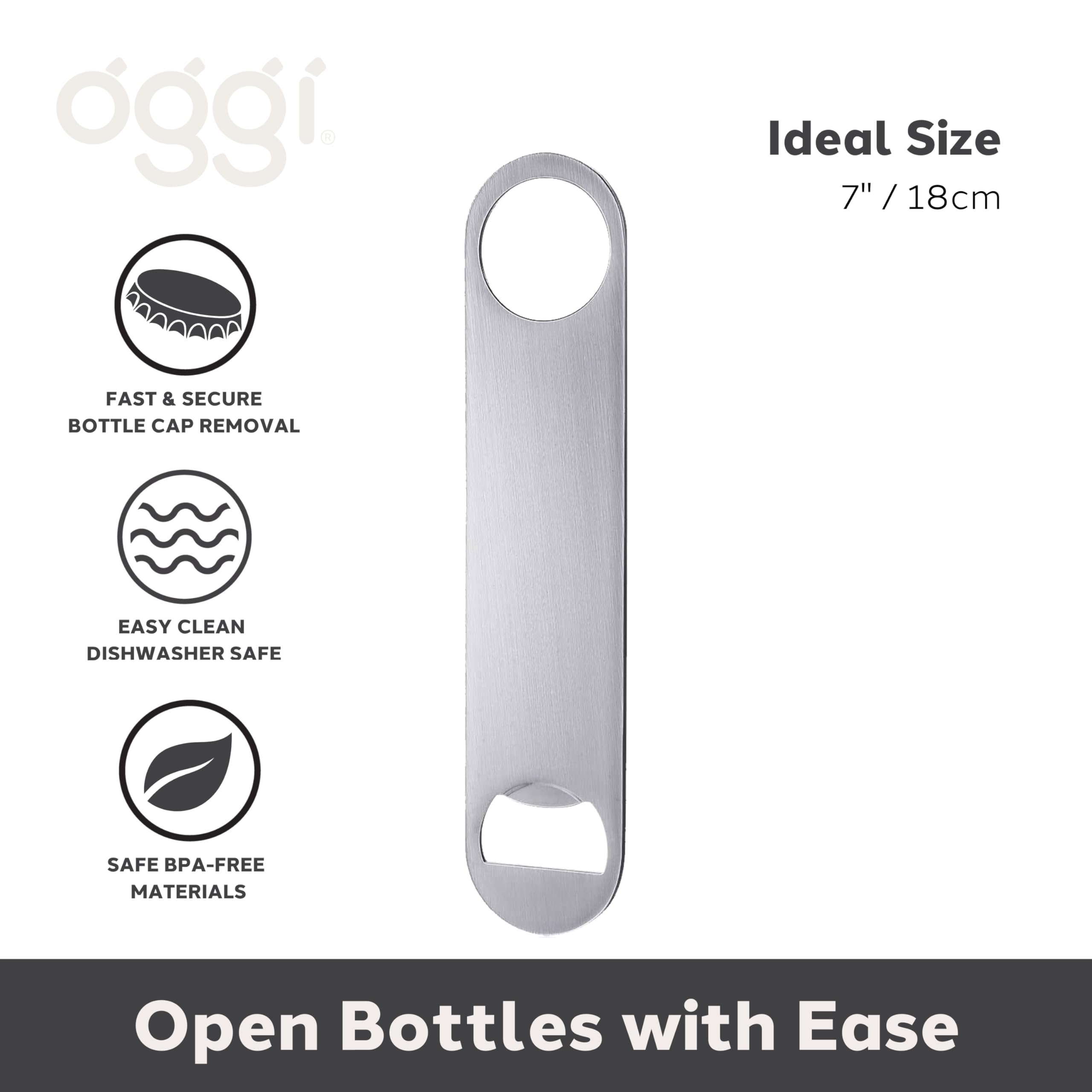 OGGI Bar Blade Bottle Opener Stainless Steel, Bartender Bottle Opener, Solid Bottle Cap Opener, Heavy Duty Beer Opener, 7" / 18cm