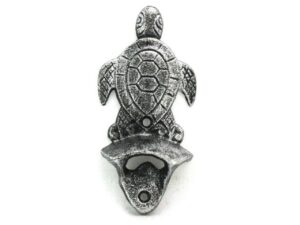 hampton nautical antique silver wall mounted turtle bottle opener 6"-vintage cast iron decor-sea life