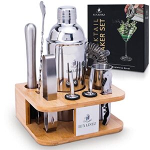 lux linez bartender kit-cocktail shaker set with anti-slip bamboo stand-10 pcs cocktail set with all essential bar tools-cocktail kit for your home and an awesome bar set for a house warming gift
