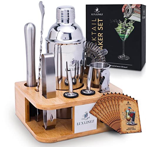 LUX LINEZ Bartender Kit-Cocktail Shaker Set with Anti-Slip Bamboo Stand-10 pcs Cocktail Set with All Essential Bar Tools-Cocktail Kit for Your Home and an Awesome Bar Set for a House Warming Gift