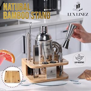 LUX LINEZ Bartender Kit-Cocktail Shaker Set with Anti-Slip Bamboo Stand-10 pcs Cocktail Set with All Essential Bar Tools-Cocktail Kit for Your Home and an Awesome Bar Set for a House Warming Gift