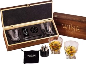 whiskey stones gift set for men, by the wine savant, 6 stainless steel whiskey stones, 2 twisted glasses, freezer pouch & special tongs in pinewood box.