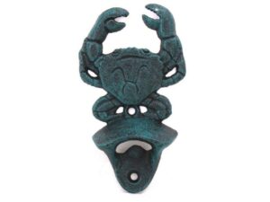 hampton nautical seaworn blue cast iron wall mounted crab bottle opener, 6"