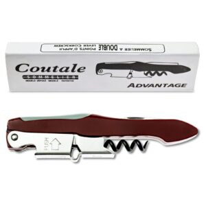 coutale sommelier advantage waiters corkscrew - burgundy - spring-loaded single-lever wine bottle opener with sharp micro-serrated knife for bartenders & chefs - kitchen accessories and gifts