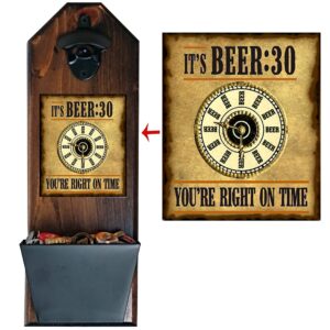 beer thirty wall mounted bottle opener and cap catcher- handcrafted by a vet - 100% solid pine, 3/4" thick - rustic bottle opener sign and bucket - unique gift that's useable for years!