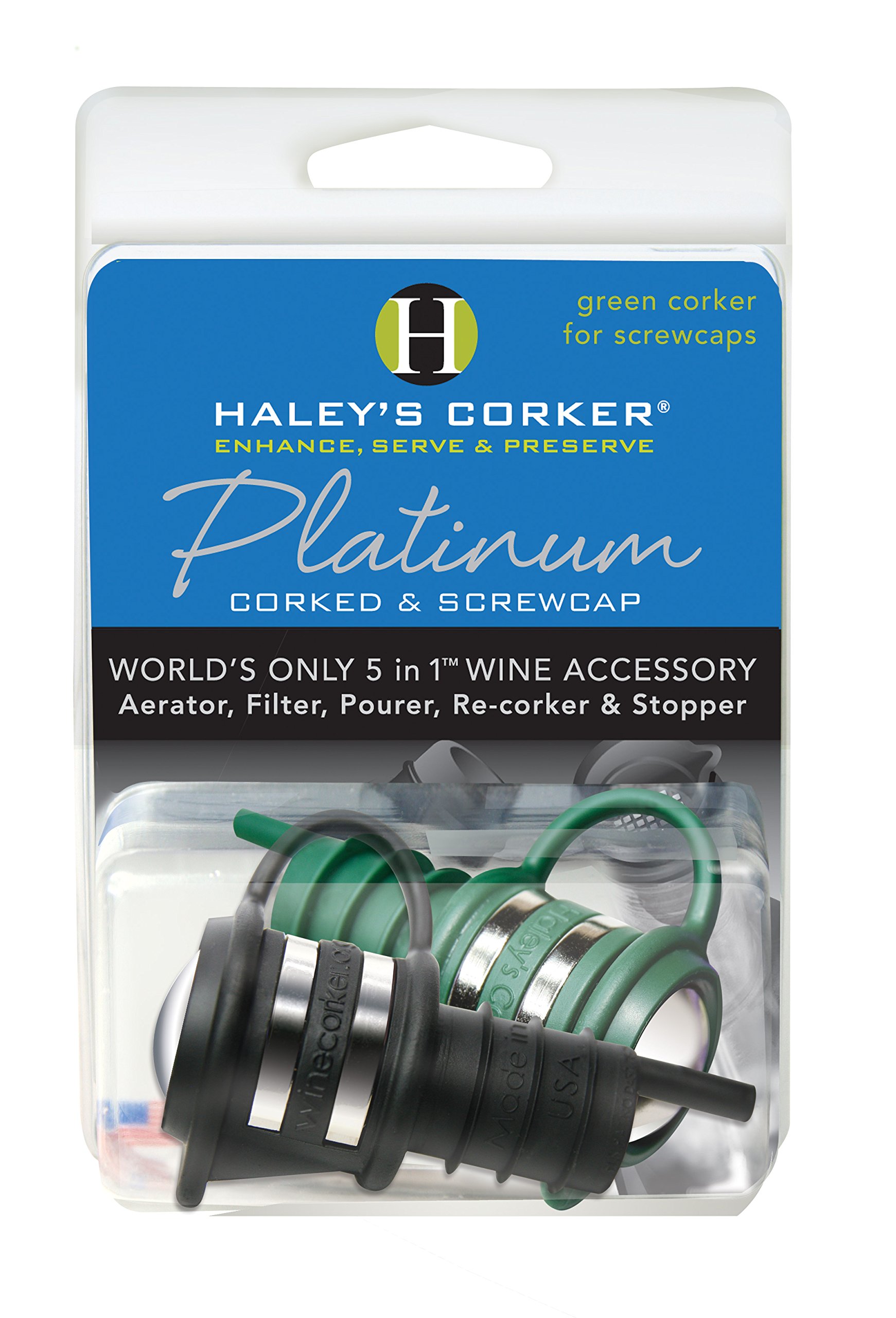 Haley's Corker HALEYP2 5 in 1 Wine Tool Platinum Combo 1 Black Corker Plus 1 Geen Screwcap Clamshell