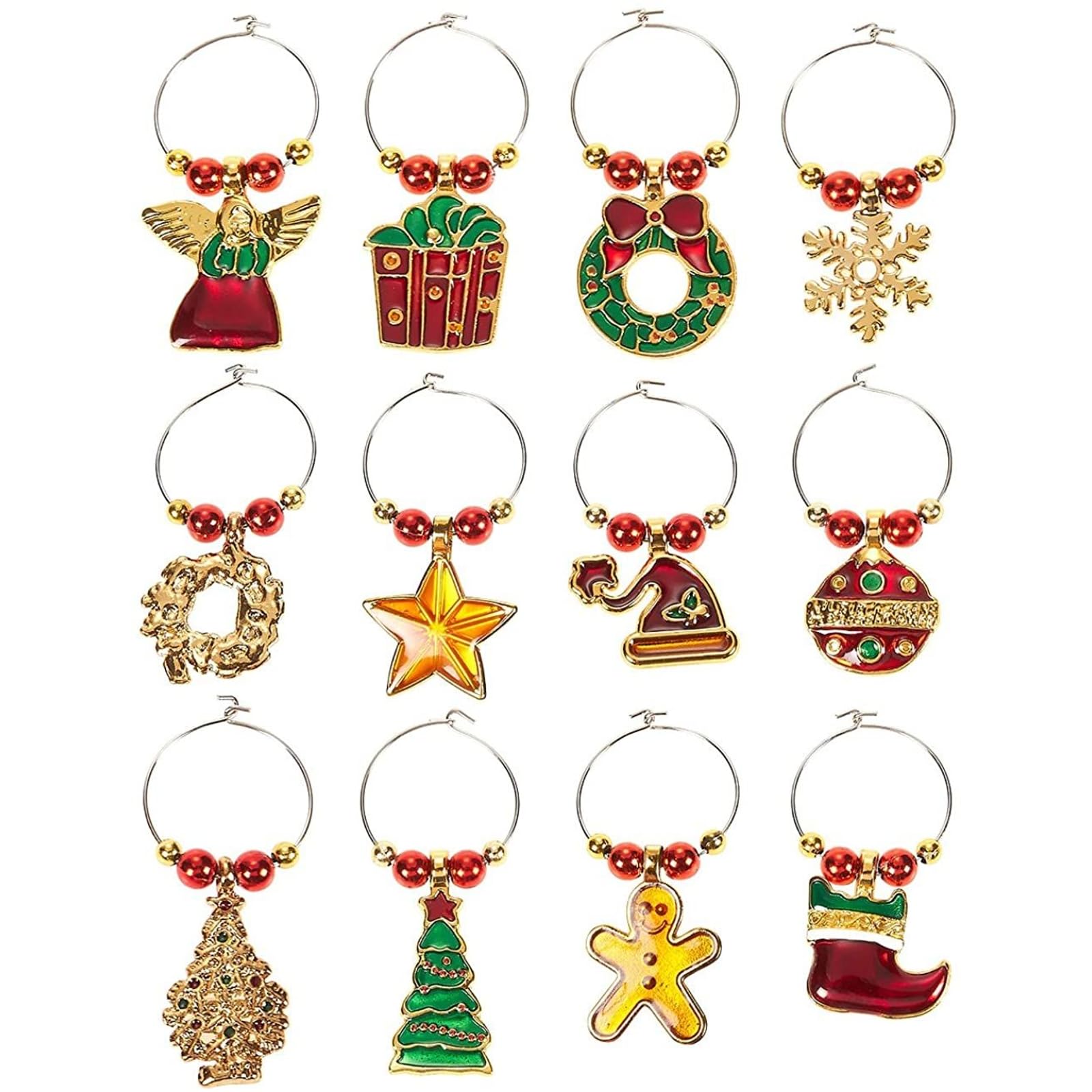 Juvale 12 Piece Christmas Wine Glass Charms, Holiday Drink Markers Set (2 Inches)