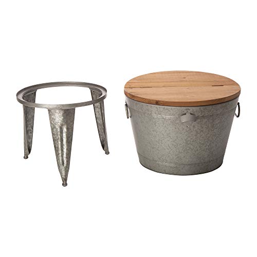 Glitzhome 26.29"H Oval Galvanized Beverage Tub with Stand, Farmhouse Metal Accent Cocktail Table Storage Bucket with Firwood Lid, 8 Gallons