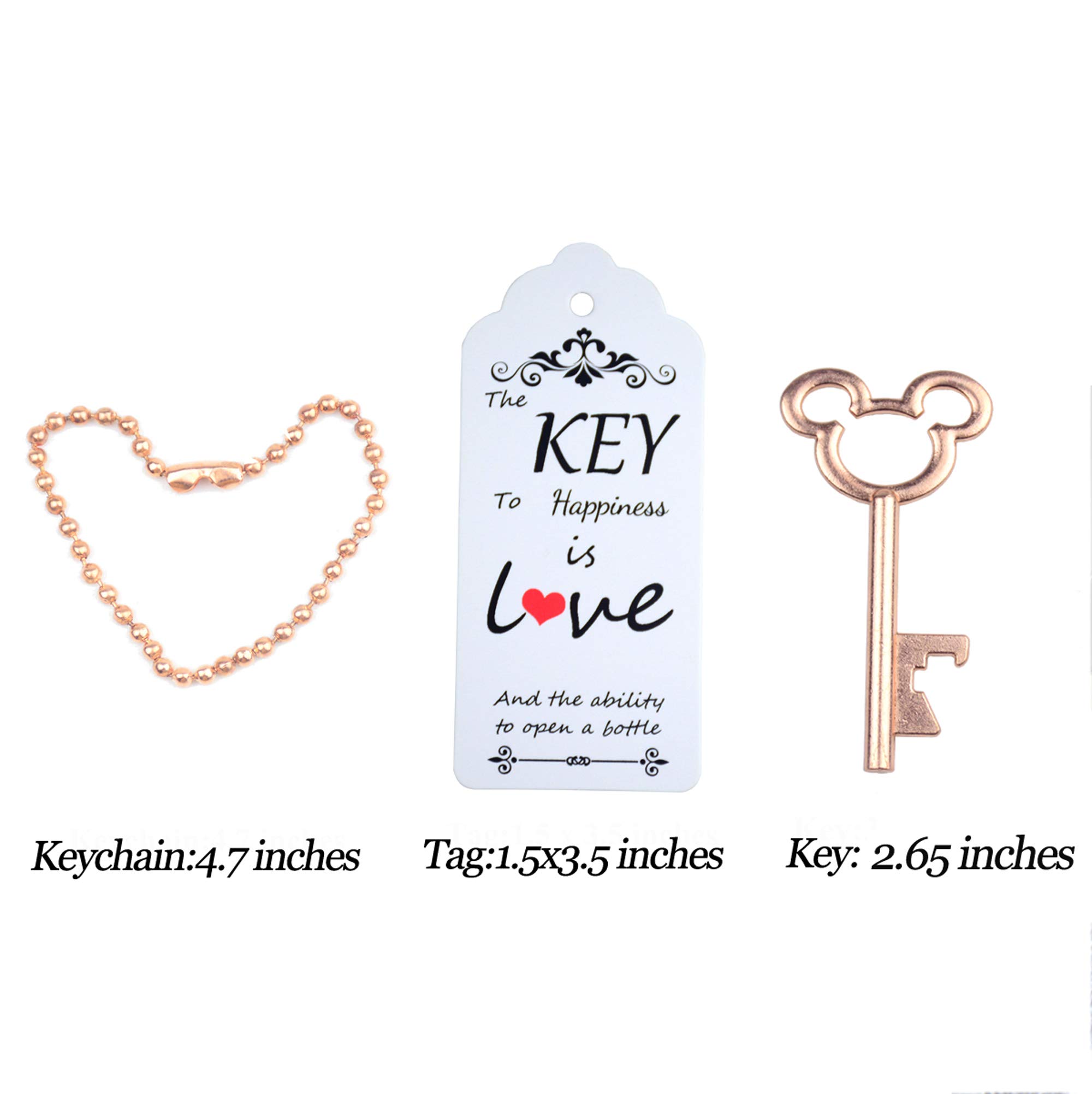 Aokbean 52pcs Vintage Skeleton Key Bottle Opener with Escort Thank You Tag Card and Keychain for Party Wedding Favor Guest Souvenir Kit (Rose Gold)