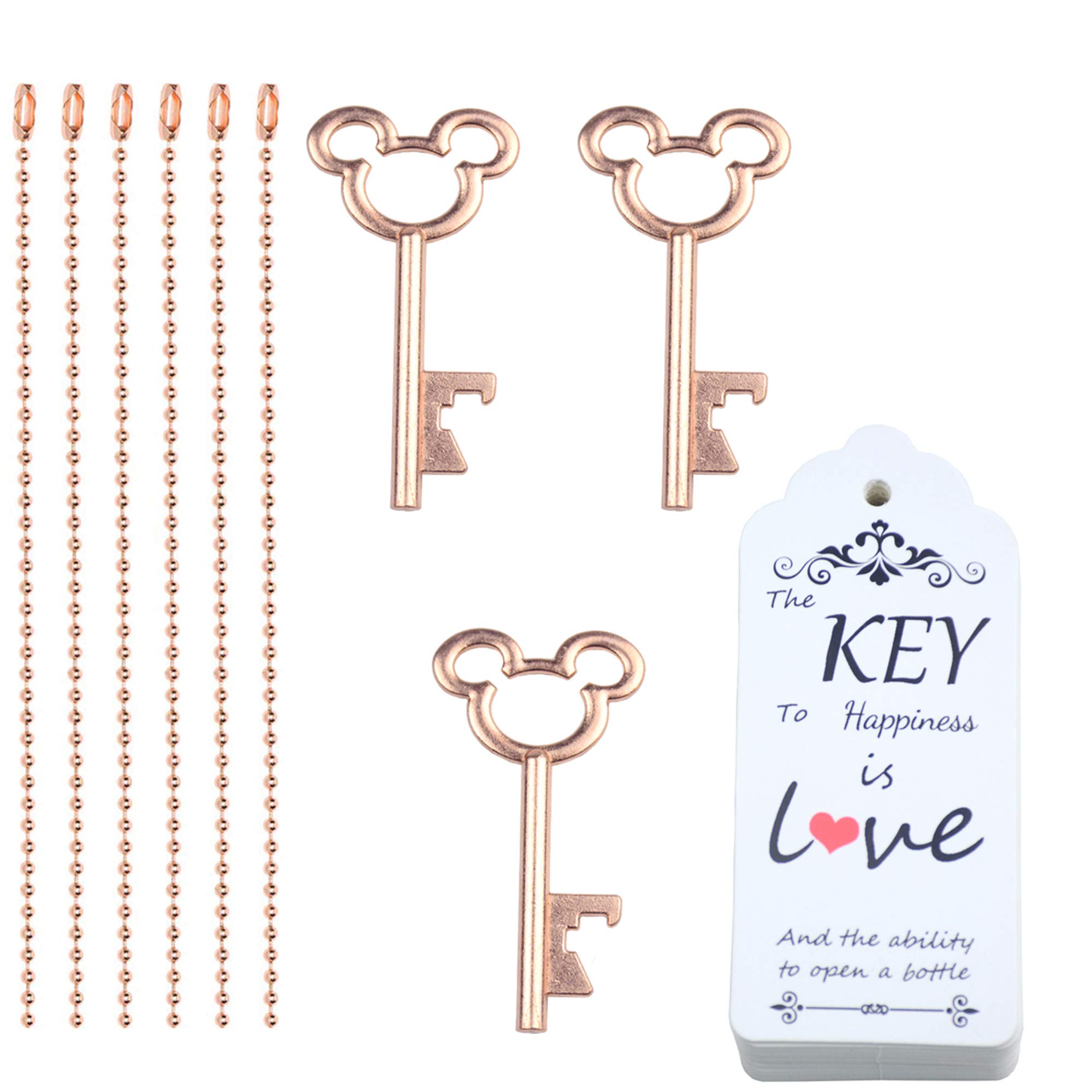 Aokbean 52pcs Vintage Skeleton Key Bottle Opener with Escort Thank You Tag Card and Keychain for Party Wedding Favor Guest Souvenir Kit (Rose Gold)