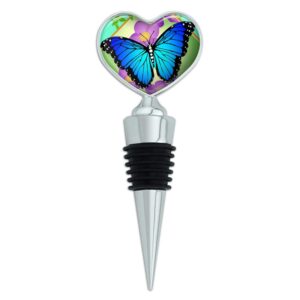 blue butterfly purple flowers heart love wine bottle stopper