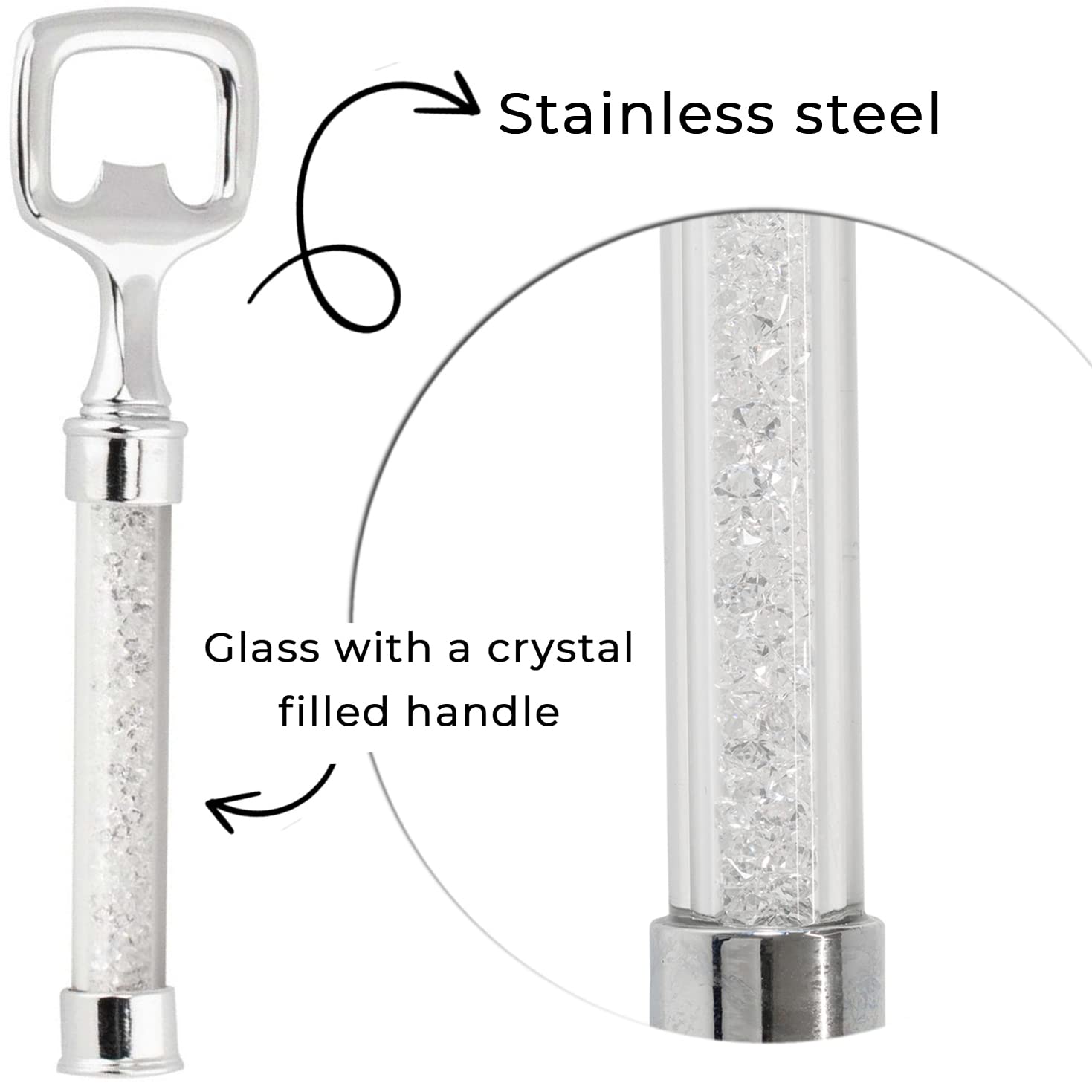 Crystal-Filled Bottle Opener, Glass Handle, Stainless Steel, Gift Box, For Glamorous Home Bar or Kitchen, Silver, 5", Sold Individually