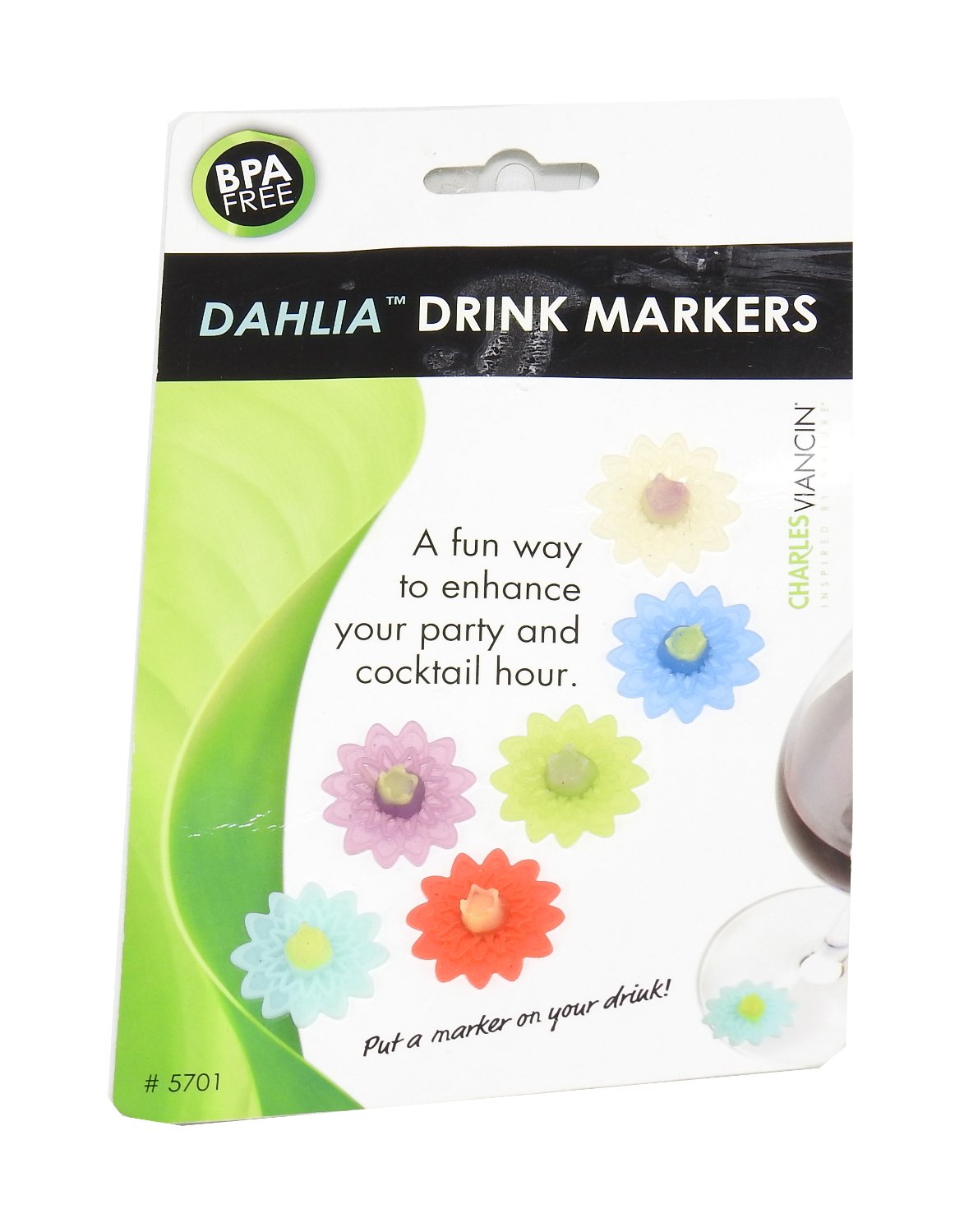 Charles Viancin Dahlia BPA Free Set of 6 Flower Silicone Drink Markers, #5701