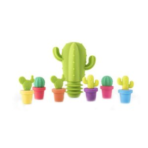 doitool wine glass charms markers, 7 pcs silicone wine bottle stopper cactus shaped champagne stopper food grade beverage closures bar preservation tool random color
