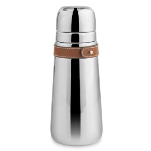 nambe - tahoe collection - stainless steel cocktail shaker with leather accent and strainer top - measures at3" x 9" - removable leather accent