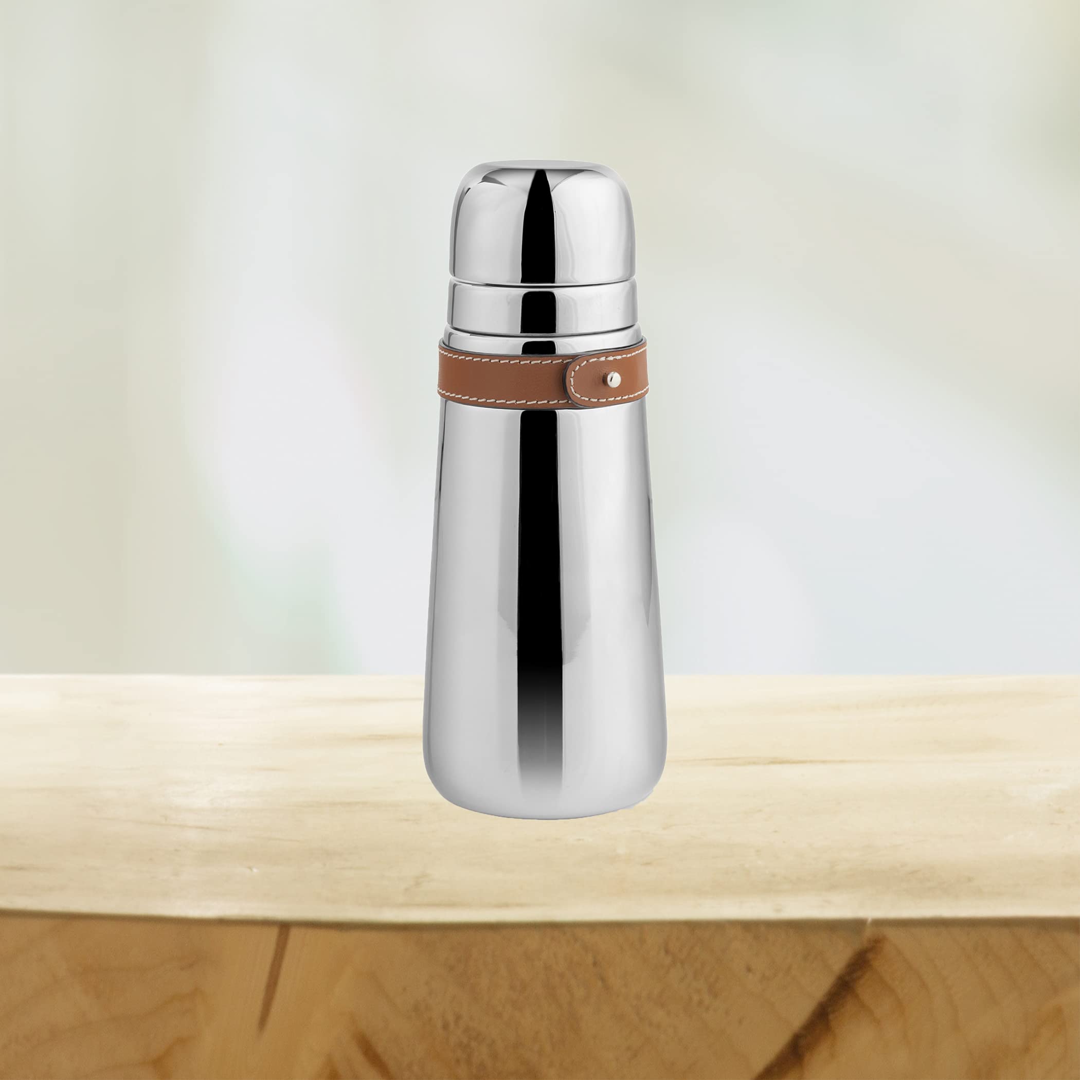 Nambe - Tahoe Collection - Stainless Steel Cocktail Shaker with Leather Accent and Strainer Top - Measures at3" x 9" - Removable Leather Accent