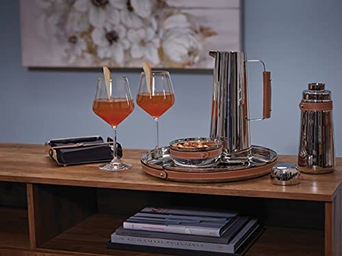 Nambe - Tahoe Collection - Stainless Steel Cocktail Shaker with Leather Accent and Strainer Top - Measures at3" x 9" - Removable Leather Accent