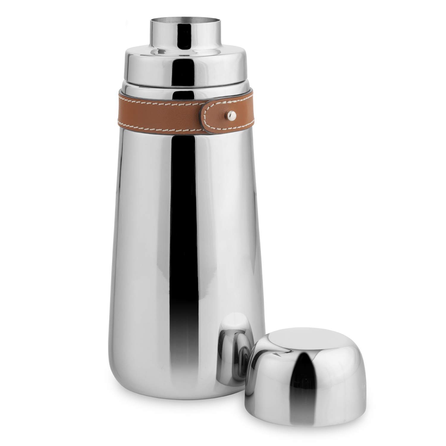 Nambe - Tahoe Collection - Stainless Steel Cocktail Shaker with Leather Accent and Strainer Top - Measures at3" x 9" - Removable Leather Accent