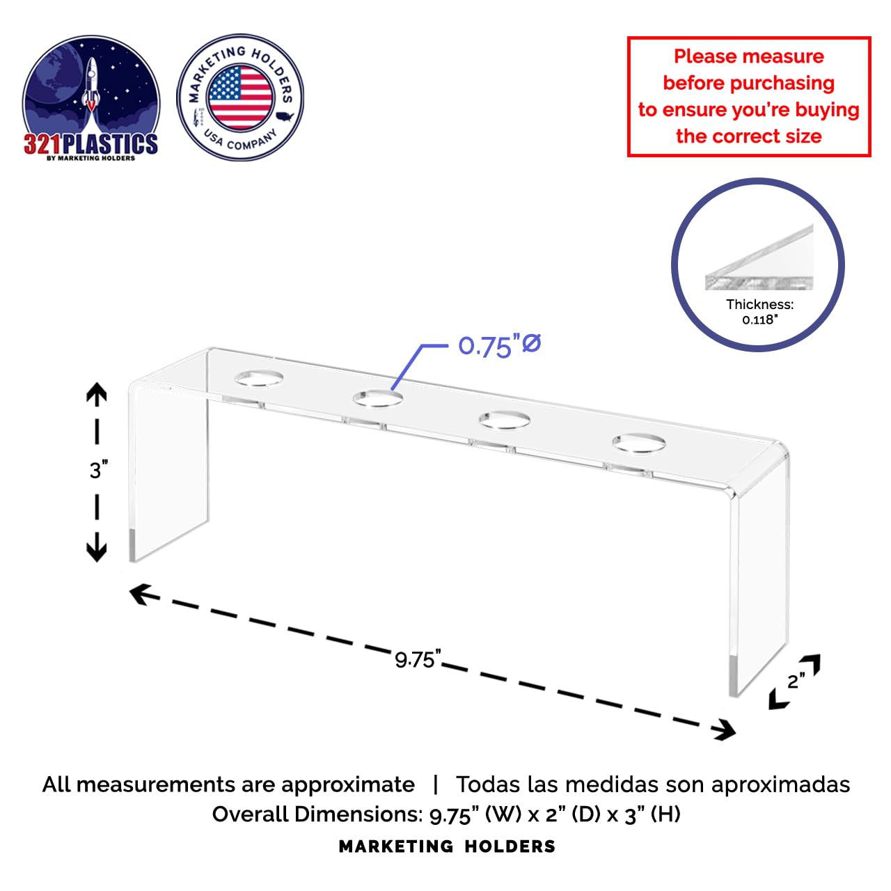 Marketing Holders Wine Bottle Topper Display Stand 4 Slot Rack .75 Inch Wide Holes Stand Premium Clear Acrylic 9.75 Inch Wide by 2 Inch Deep Showcase Your Collection