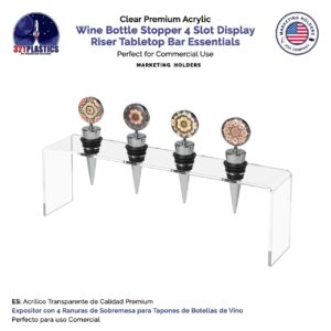 Marketing Holders Wine Bottle Topper Display Stand 4 Slot Rack .75 Inch Wide Holes Stand Premium Clear Acrylic 9.75 Inch Wide by 2 Inch Deep Showcase Your Collection
