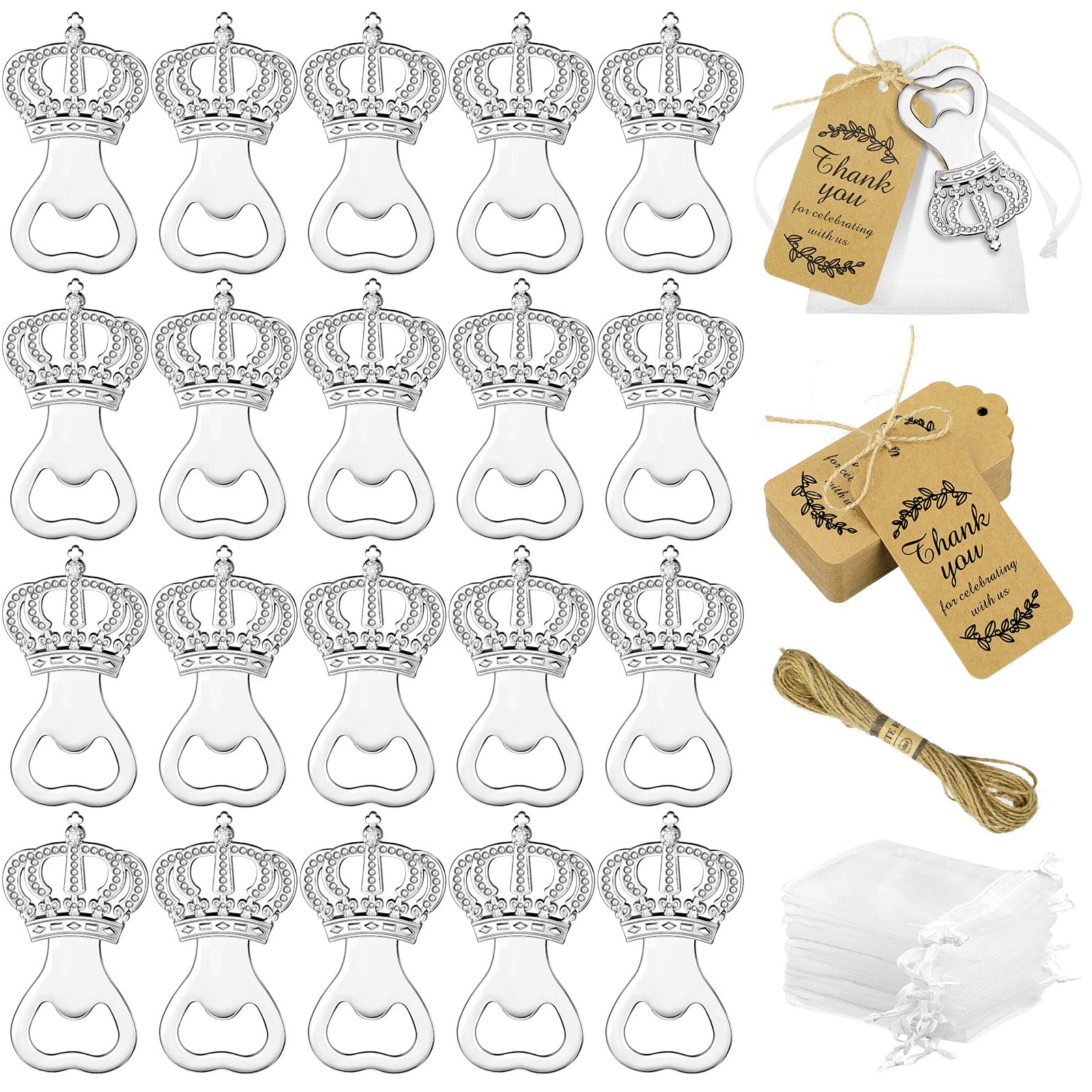 50 Sets Crown Bottle Openers for Wedding Bridal Shower or Baby Shower Party Favors Gifts for Guests Return Favors Crown Bottle Opener with Organza Bags Thank You Tags Return Souvenir Gifts for Guests