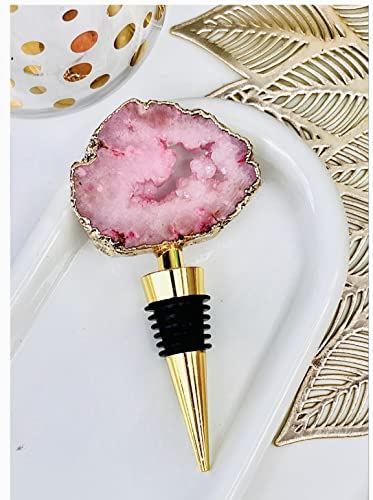 LUXE CRYSTAL CO. Handcrafted Purple Magenta Pink Agate Druzy Gold Natural Crystal Wine Champagne Stopper Handmade Bottle Barware Housewarming Bridal Shower (Pink)