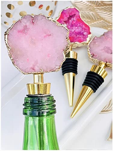 LUXE CRYSTAL CO. Handcrafted Purple Magenta Pink Agate Druzy Gold Natural Crystal Wine Champagne Stopper Handmade Bottle Barware Housewarming Bridal Shower (Pink)