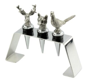 rigeli regent stainless steel 3-piece animal stoppers set (trapezium holder) classic design 3 piece wine stopper set, bottle stoppers with stand - set of 3