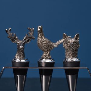 Rigeli Regent Stainless Steel 3-Piece Animal Stoppers Set (Trapezium Holder) Classic Design 3 Piece Wine Stopper Set, Bottle Stoppers with stand - Set of 3