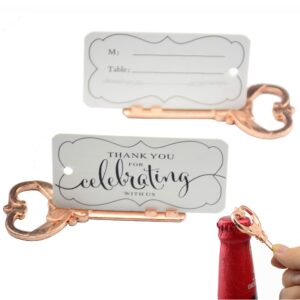 aokbean 50pcs key bottle opener place card holder for weddings table name cards for guests souvenirs with french ribbon (rose gold)