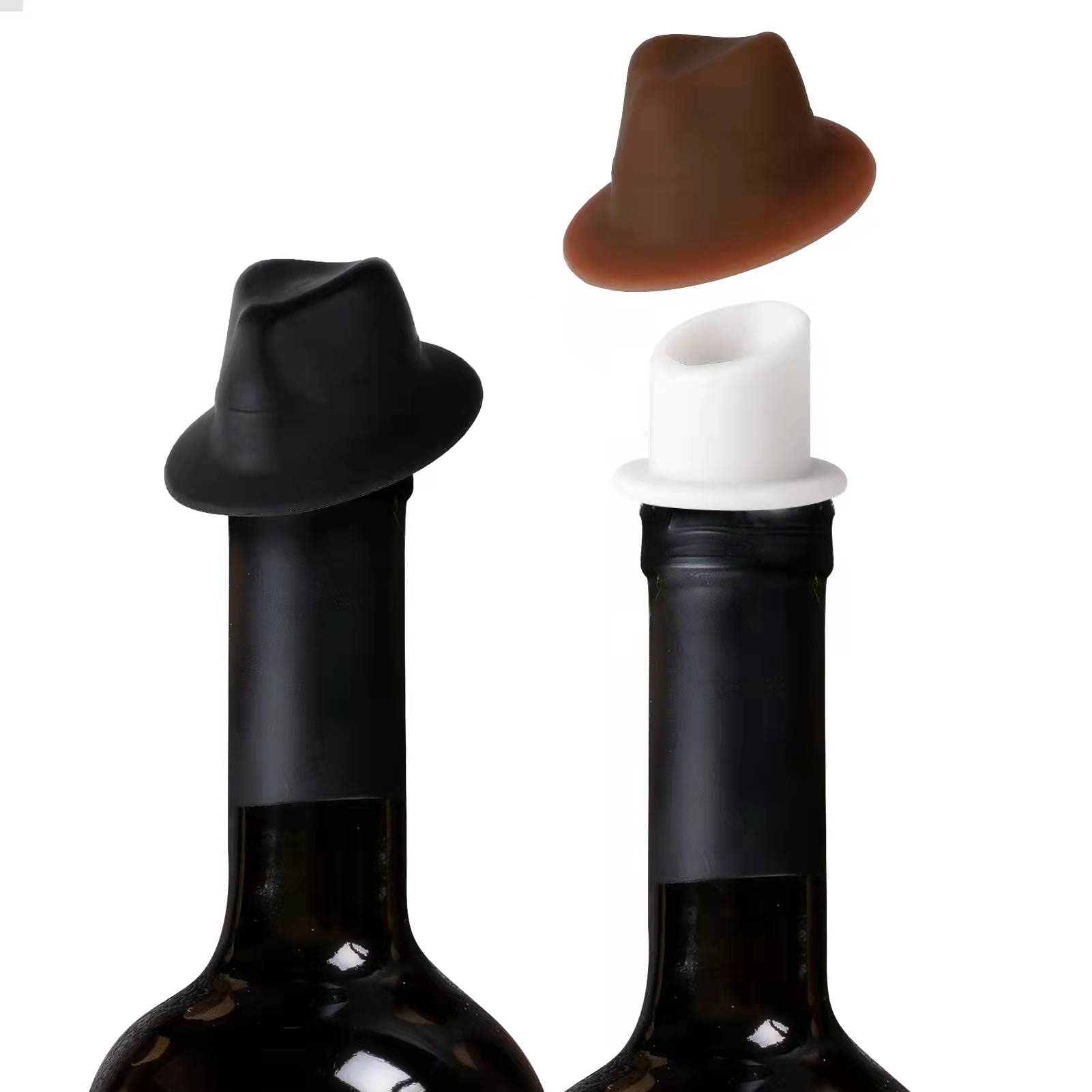 Funny Silicone Wine Bottle Stopper 2 Pack - Decorative and Reusable Cute Hat Shape Wine Pourer and Stopper 2-In-1 for Women and Men (Black And Brown)