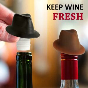 Funny Silicone Wine Bottle Stopper 2 Pack - Decorative and Reusable Cute Hat Shape Wine Pourer and Stopper 2-In-1 for Women and Men (Black And Brown)