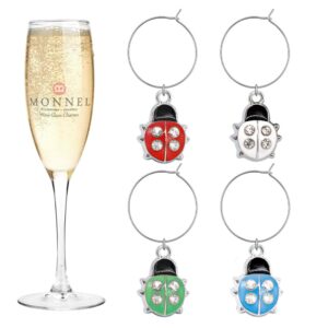 p402 4-color ladybugs wine charms glass marker for party with velvet bag- set of 4